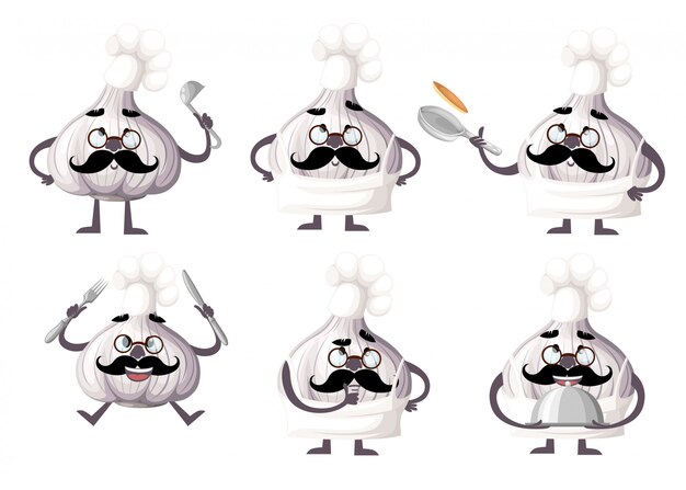 にんにくキャラクターのセットです ガーリックマスコットキッチンツール 料理人のコンセプト 白い背景のイラスト Webサイトページとモバイルアプリ プレミアムベクター