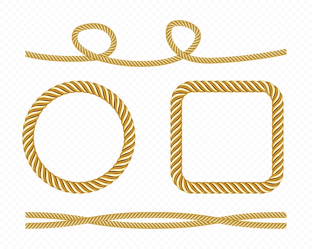 ゴールドのシルクコードとサテンロープの金色の糸の円形と正方形のフレームのセット 無料のベクター