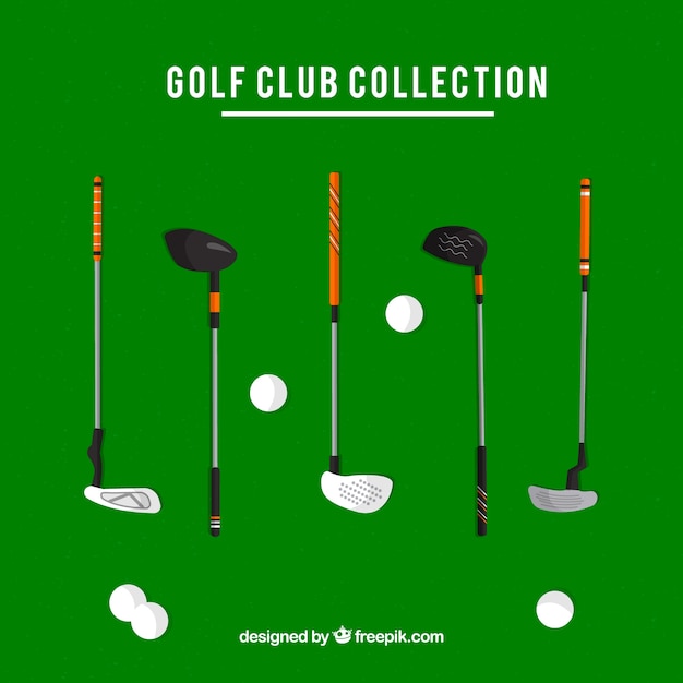 Set of golf clubs and balls