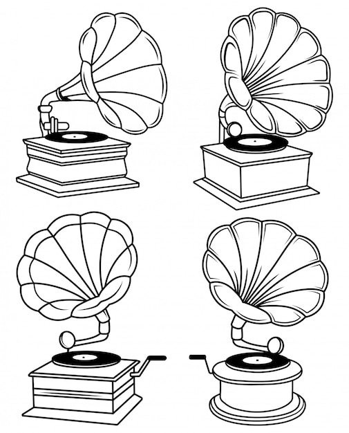蓄音機のセットです 音楽レコード用のレトロ蓄音機のコレクション ビニールプレーヤーのセット プレミアムベクター