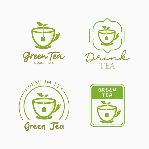 緑茶ロゴデザインテンプレートのセット ハーブティーのイラスト プレミアムベクター