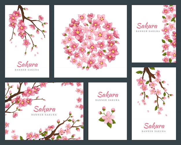 グリーティングカード バナー 桜の花と招待状のセットです 咲く花イラスト結婚式招待状テンプレート プレミアムベクター