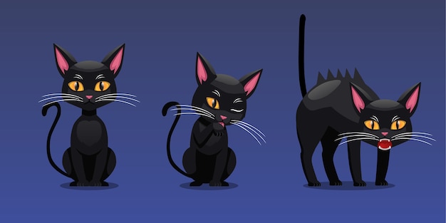 ハロウィーンのキャラクターイラスト 黒猫座るポーズと怒っているポーズのセット グラデーションの背景で隔離 プレミアムベクター