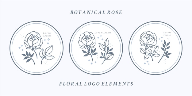 フェミニンなロゴや美容ブランドのための手描きの植物のバラの花の要素のセット プレミアムベクター