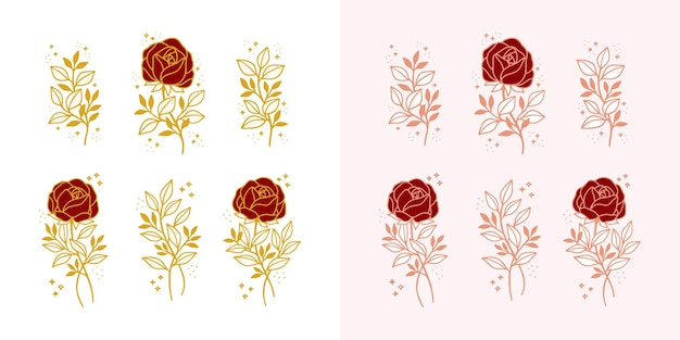 手描きの植物のバラの花 および花の葉の枝線画要素のセット プレミアムベクター