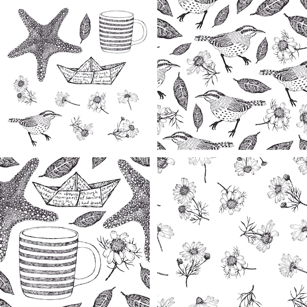 手描きのデザイン要素とカモミール 鳥 海の星とパターンのセット 無料のベクター