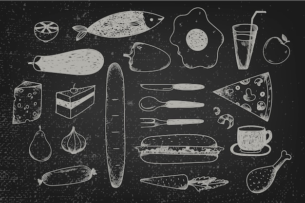 黒板に手描き落書き食品のセット 黒と白のグラフィックイラスト プレミアムベクター