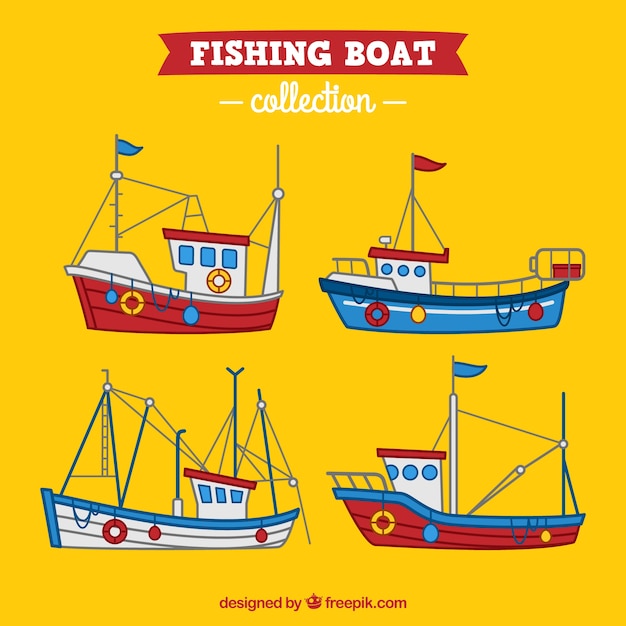 Set of hand-drawn fishing boats