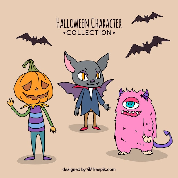 Set of hand drawn funny halloween characters