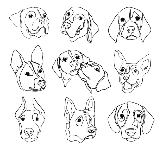 犬のキャラクターの肖像画の手描き線画イラストのセット プレミアムベクター