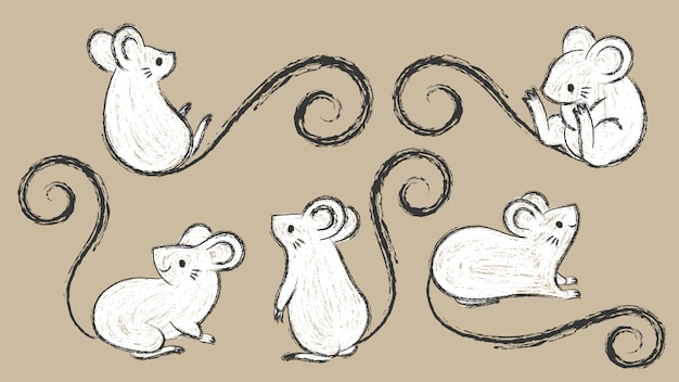 手描きのラット さまざまなポーズのマウス インクブラシストロークベクトルイラスト 漫画の落書きスタイルのセット プレミアムベクター