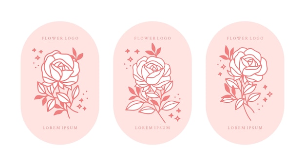 フェミニンなロゴと美容ブランドのための手描きのヴィンテージピンクの植物のバラの花と葉の枝の要素のセット プレミアムベクター