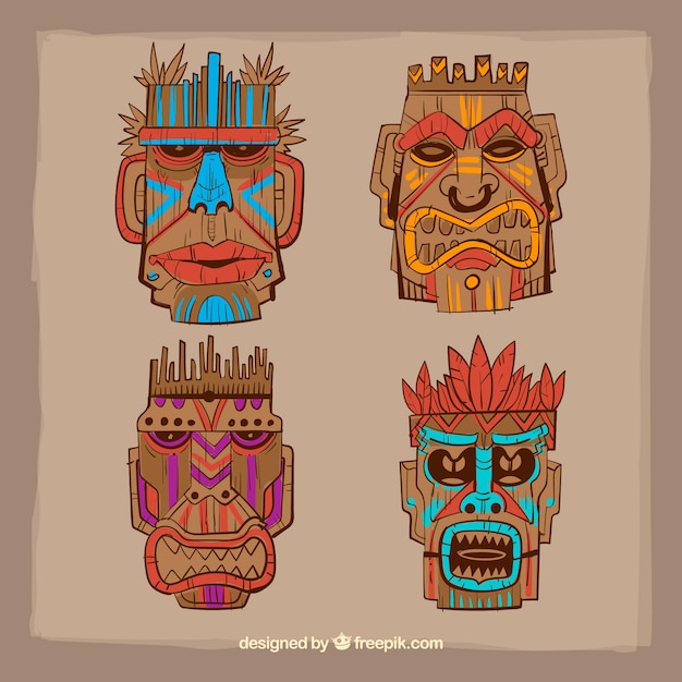 Set of hand drawn wooden tribal masks Vector Free Download