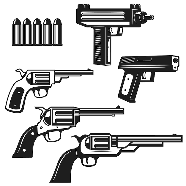 拳銃と白い背景の上の拳銃のセット ロゴ ラベル エンブレム 記号の要素 図 プレミアムベクター