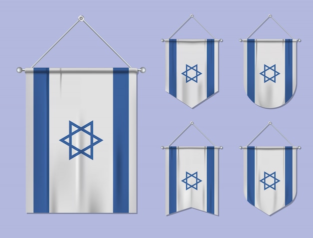 掛かるフラグテキスタイルテクスチャとイスラエルのセットです 国旗の国の多様性の形 縦型テンプレートペナント プレミアムベクター