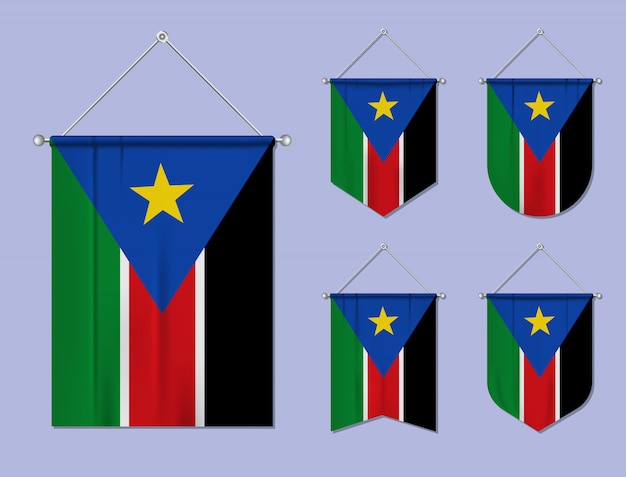 掛かるフラグテキスタイルテクスチャと南スーダンのセットです 国旗の国の多様性の形 垂直テンプレートペナント プレミアムベクター