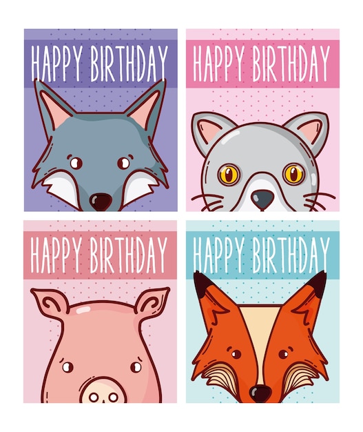 幸せな誕生日 動物 カード コレクション ベクトル イラスト グラフィック デザイン プレミアムベクター