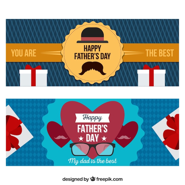 Set of happy father\'s day banners with gifts\
box in flat style