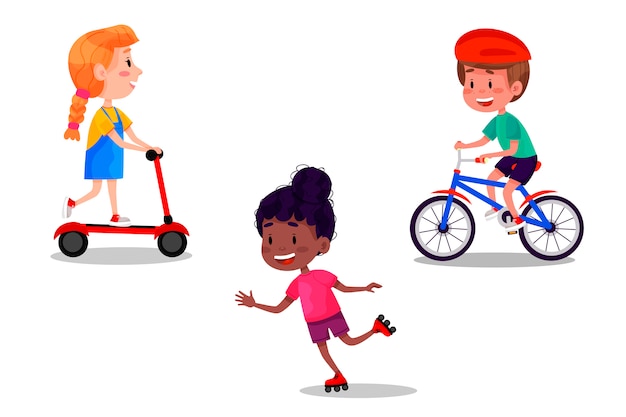 プレミアムベクター スケート ローラー スクーター 自転車に乗って幸せな子供たちのセット 子供のための夏休みの野外活動 白い背景と分離のイラスト