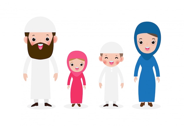 白い背景イラストを分離した民族衣装で幸せなイスラム教徒の家族 子供 母 父 息子 娘のかわいい漫画のスタイルを持つアラブのイスラム教徒の親のセット プレミアムベクター