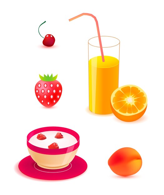 健康食品のセット 朝食のイラスト オレンジジュース ベリーとヨーグルト 桃 チェリー イチゴ分離 プレミアムベクター