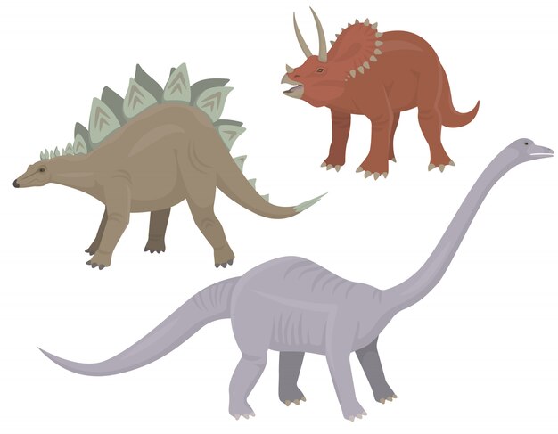 草食恐竜のセット ステゴサウルス トリケラトプス 漫画のスタイルのディプロドクス プレミアムベクター
