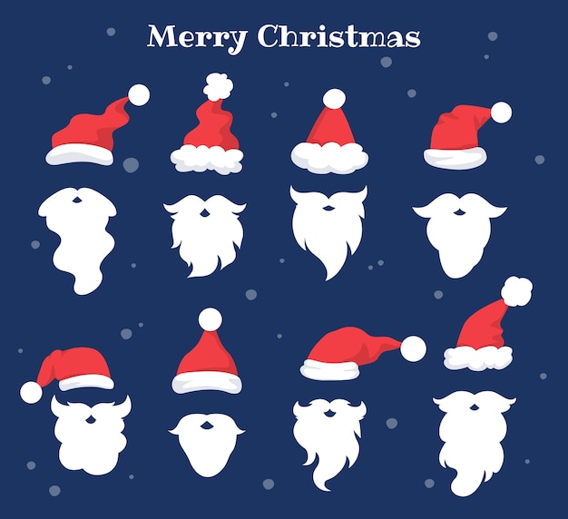 サンタクロースの赤と白の帽子 口ひげ あごひげのillustratiionのセットです お祝いデコレーションのクリスマスキャラクターシンボルの休日セット プレミアムベクター