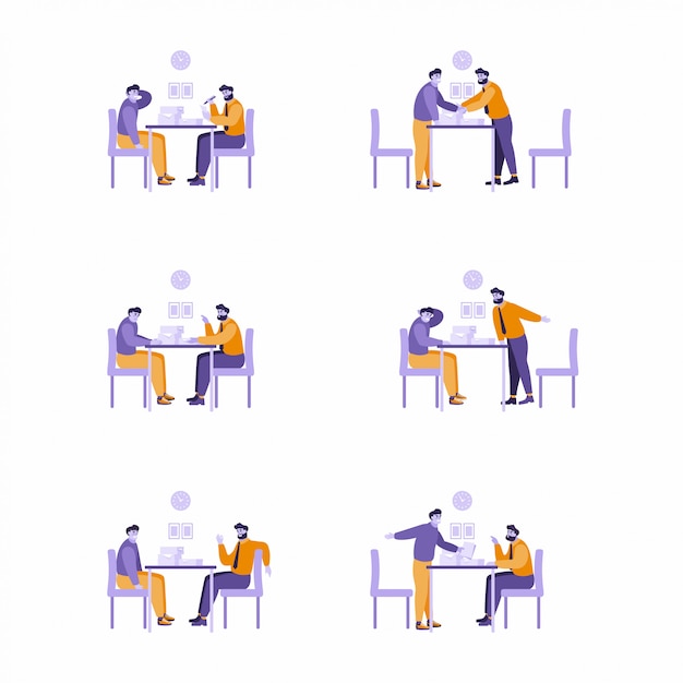 プレミアムベクター イラストのセット 様々なポーズ で机に座っている2人の男性 議論 チャット 交渉 話し合い ビジネスマン同士の打ち合わせ 作業上の問題について話し合う人々 フラットなキャラクターデザイン
