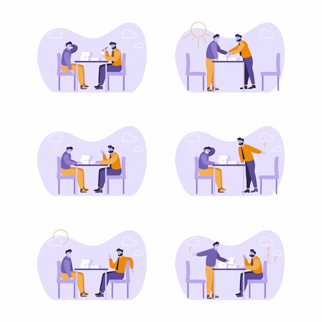 イラストのセット 様々なポーズで机に座っている2人の男性 議論 チャット 交渉 話し合い ビジネスマン同士の打ち合わせ 作業上の問題について話し合う人々 フラットなキャラクターデザイン プレミアムベクター