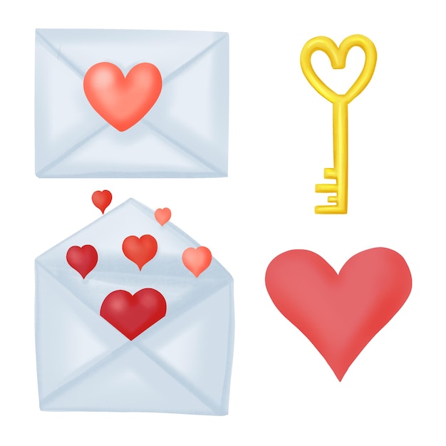 バレンタインデー 手紙 鍵と鍵 ハートのイラストのセット プレミアムベクター