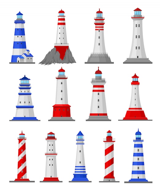 灯台のさまざまな種類のイラストのセット 図 プレミアムベクター