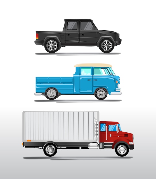 3種類の現代のトラック車 現実的なスタイリッシュなベクトルのイラストのセット プレミアムベクター