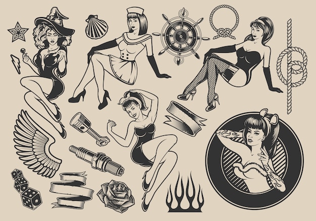 ピンナップガール マリンデザイン ロカビリー ハロウィーンのテーマの要素を持つ女の子とイラストのセット プレミアムベクター