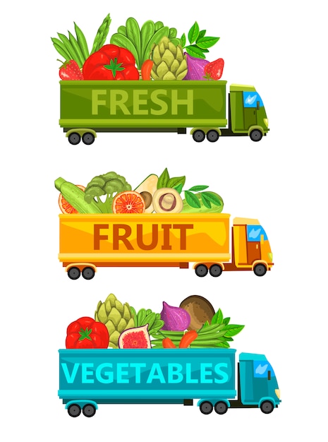 新鮮な野菜 果物 果実でいっぱいのトラックとイラストのセット プレミアムベクター
