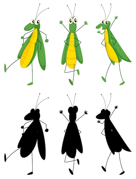 昆虫の漫画のキャラクターと白い背景のシルエットのセット 無料のベクター