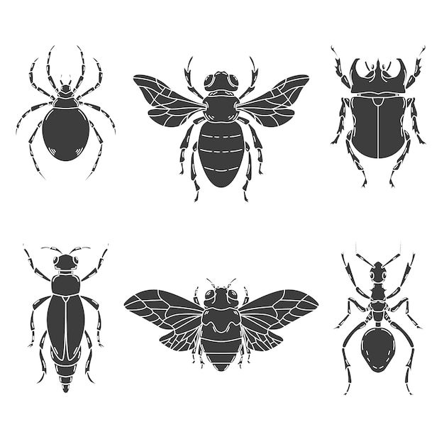 白い背景の上の昆虫のイラストのセットです ロゴ ラベル エンブレム 記号の要素 図 プレミアムベクター