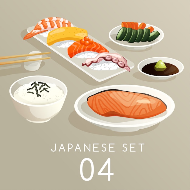 日本の食べ物イラストのセット プレミアムベクター