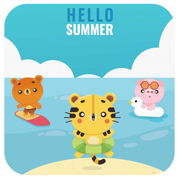 かわいい夏のかわいい動物虎クマ豚イラストのセット プレミアムベクター