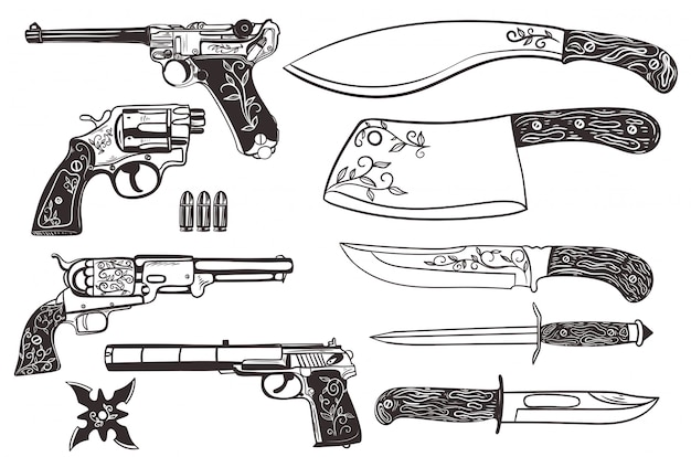 ナイフと白い背景で隔離の拳銃のセット プレミアムベクター