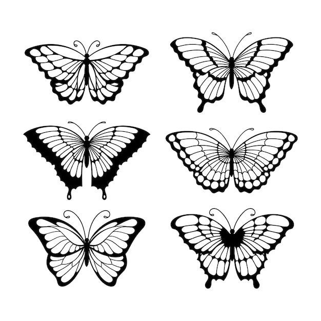 線画蝶 モノクロイラスト蝶のセット プレミアムベクター