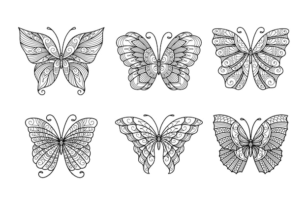 線画蝶 モノクロイラスト蝶のセット プレミアムベクター
