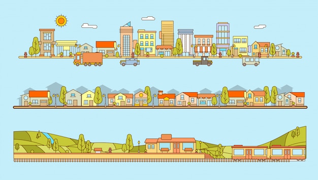 線のスタイルの街並み 集合住宅 村の風景と丘の平らなイラストの駅のセット プレミアムベクター