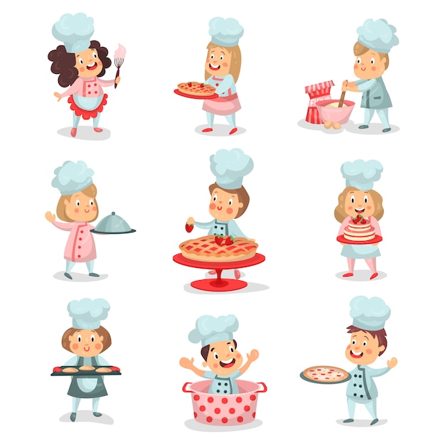少しクックチーフ子供漫画のキャラクターのセット料理と料理のカラフルなイラストを焼く プレミアムベクター