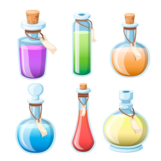 魔法のポーションのセットです カラフルな液体のボトル 魔法のエリクサーのゲームアイコン 紫のポーションアイコン マナ 健康 毒 魔法の エリキシル 白い背景の上の図 プレミアムベクター