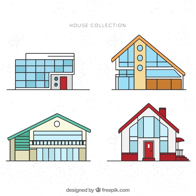 Set of modern facades of houses in linear style Free Vector Set of modern facades of houses in linear style Free Vector