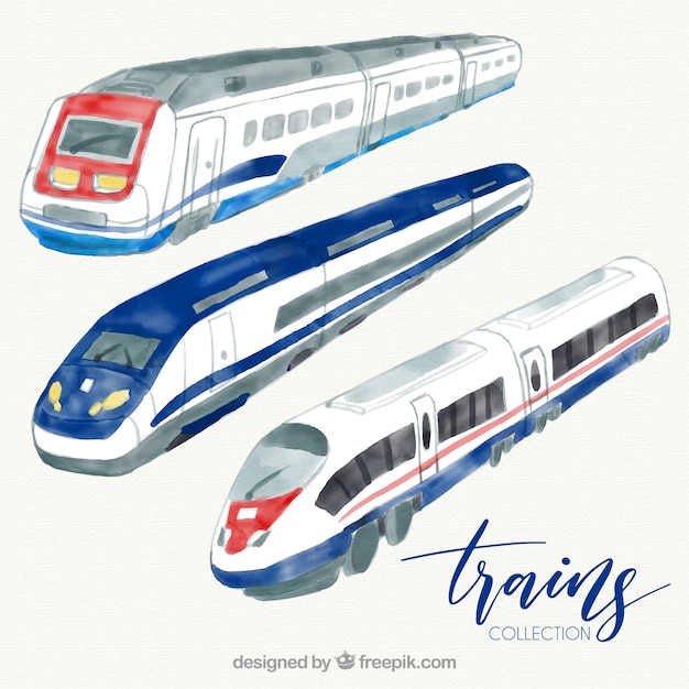 Set of modern watercolor trains