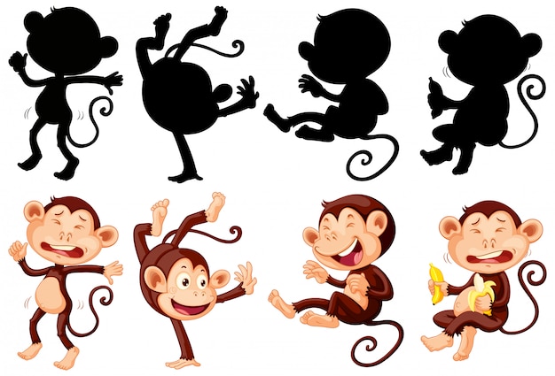 猿の漫画のキャラクターとそれのシルエットのセット 無料のベクター