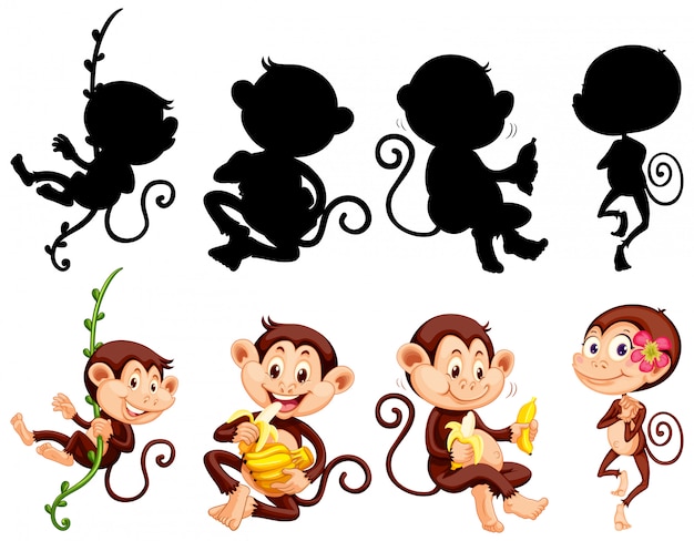 猿のキャラクターとそのシルエットのセット 無料のベクター