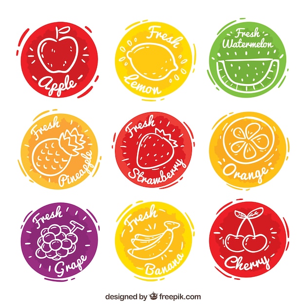 Set of nine colored fruit juice labels