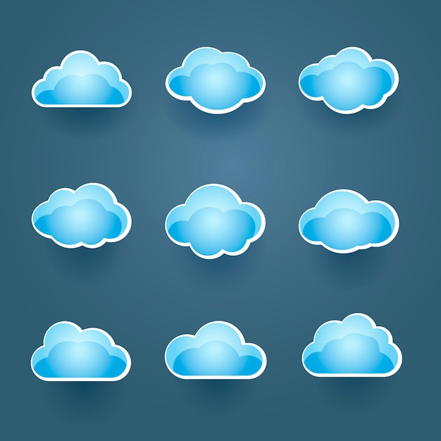 天気予報やクラウドコンピューティングの概念的なさまざまな形の9つの異なる青いベクトルクラウドアイコンのセット 無料のベクター